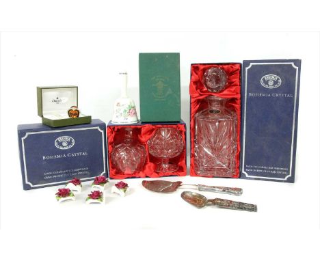 A collection of Bohemia crystal decanters , glasses etc, boxed, together with ceramic Staffordshire bell, Aynsley wares, silv