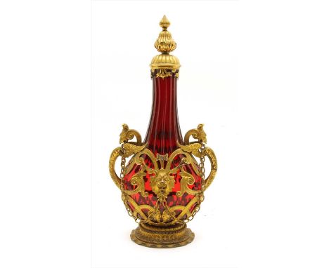 A fine 19th century Russian ruby glass and gilt ormolu pilgrim flask, t he hand blown ruby glass flask encased in a renaissan