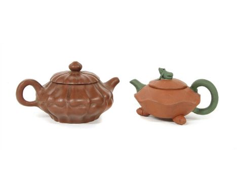 A Chinese Yixing zisha teapot and cover , of moulded lobed form, seal mark to base, 16cm wide, 8.5cm high, together with a si