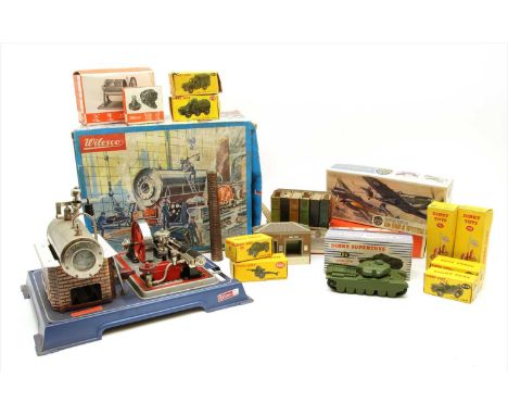Dinky boxed die cast toys, comprising 651 Centurion tank, 60 Armoured car, 686 25 Pounder, 675 Austin Champ, 673 Scout car, 6