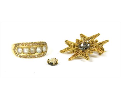 A Victorian gold split pearl ring, with a row of split pearls grain set to the centre, with a border of smaller split pearls,