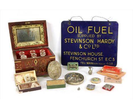 A quantity of collectibles, to include, an inlaid apothecary box, an enamel sign, two white metal miniature icons, stamps, et