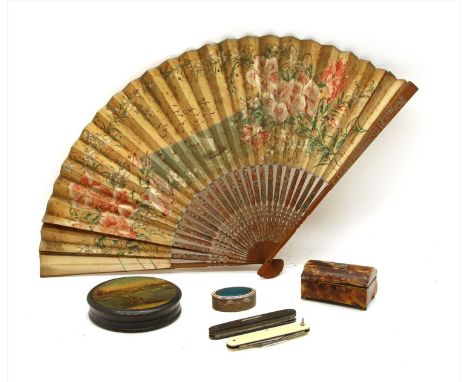 A late 19th century hand painted fan, together with a tortoiseshell box, a patch box, an enamel box and two pen knives (6)