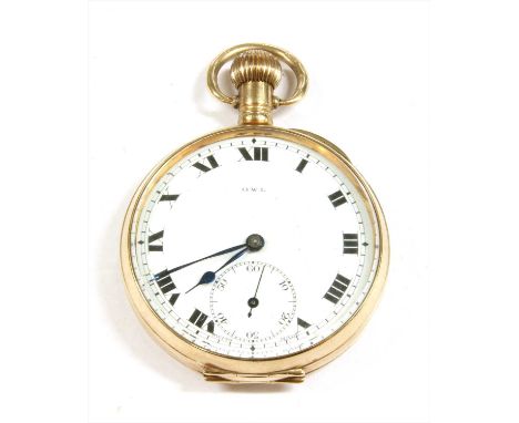 A 9ct gold top wind open-faced pocket watch, 48mm diameter with a white enamel dial signed 'Owl', black Roman numerals, blued