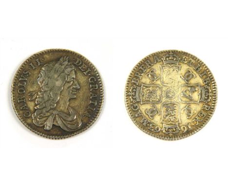 Coins, Great Britain, Charles II (1660-1685), Shilling, 1663, first dr. bust r, rev crowned cruciform shields interlinked c's