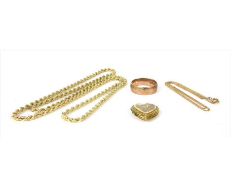 A 9ct gold wedding ring, Birmingham 1902, together with a 9ct gold hollow rope link chain, import hallmark London, common con