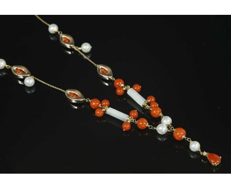 An Italian rose gold coral, diamond, cultured freshwater pearl and mother-of-pearl 'Y' necklace, with a centrepiece composed 