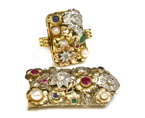 A Continental gemstone, pearl and diamond brooch and ring suite, c.1940, the obus-shaped brooch with a series of assorted two