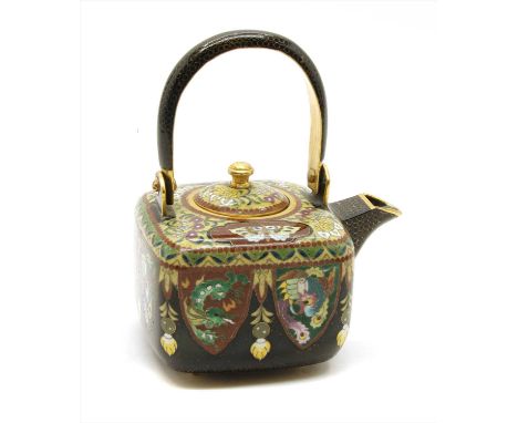 An unusual Japanese cloisonné enamel square-shaped tea pot, probably early 20th century