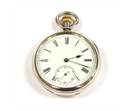 A sterling silver top wind pin set open-faced pocket watch, 54mm diameter with a white enamel dial, black Roman numerals, blu