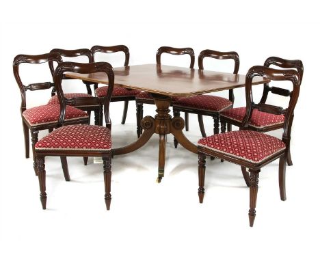 A 19th century single pedestal supper table, 156cm wide, 107cm deep, 75cm high, together with eight Victorian style mahogany 