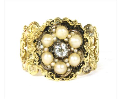 A Georgian 18ct gold diamond and split pearl memorial ring, with an old cut diamond in clawed collet to the centre, with a su