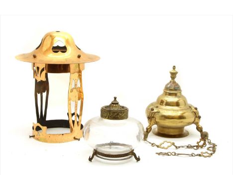 An Art Nouveau copper hall lantern , 33cm high and further lighting Provenance: The property of the late Mr &amp; Mrs Brian L