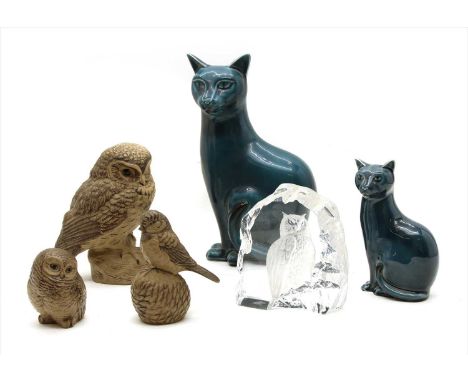 A collection of glass and ceramic owls and cats, to include Poole pottery, etc.