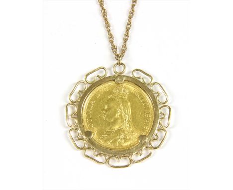 Coins, Great Britain, Victoria (1837-1901), Double Sovereign, 1887, channel set to a pendant mount, with scrolling applied wi
