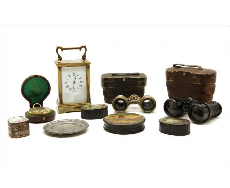 Miscellaneous items, comprising a French brass carriage clock, a Negretti &amp; Zambra pocket barometer, a pair of mother-of-