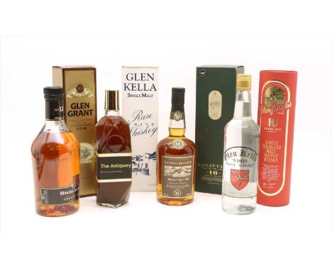 Eight bottles of good Scotch whiskey, to include 2 bottles of rare 'Glen Kella' White Manx Whiskey, a bottle of 'Lagavulin' 1