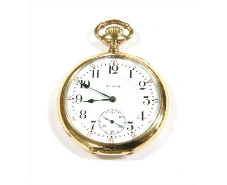 A rolled gold Elgin Veritas top wind open-faced pocket watch, 51mm diameter with a white enamel dial, black Arabic numerals w