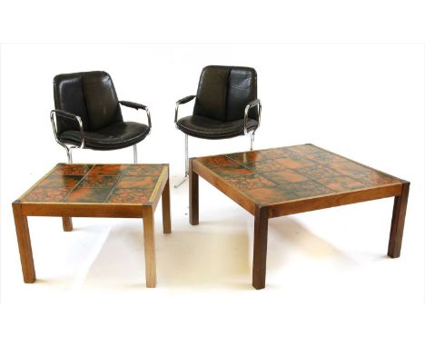 A pair of Pieff tubular armchairs, height 83cm, together with two 1970's tile topped tables (4)