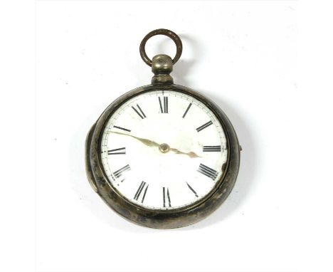 A William IV sterling silver pair cased fusee verge pocket watch, a white enamel dial with black Roman numerals, gold spade h