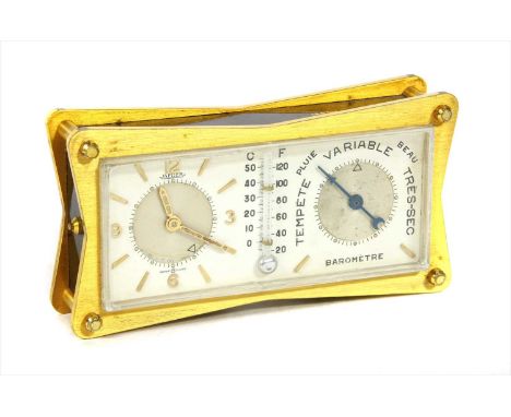 A Jaeger Le Coultre desktop clock barometer, with a thermometer above the dials and in a brass frfam, the top marked '125 eme