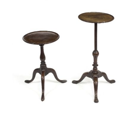 An 18th Century mahogany wine table with tripod base, 35.5cm diameter and another adapted from a pole screen