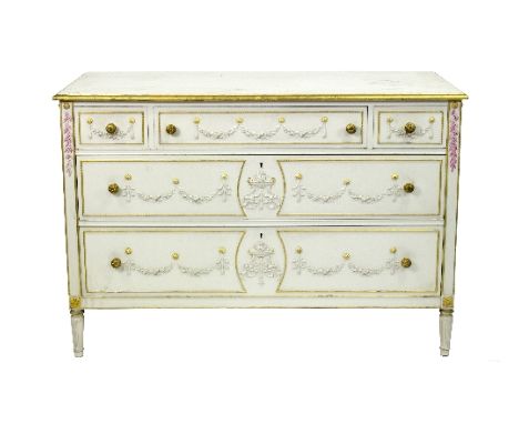 A Louis XVI style painted commode of three short above two long drawers, the drawer fronts with urn and swag decoration, on f