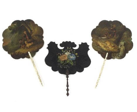 A pair of Victorian papier-mâché fans with shaped panels painted hunting scenes, with ivory handles, 39cm high and another pa