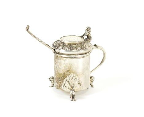 A Norwegian 830 standard mustard pot, Marius Hammer, of peg tankard form, the hinged cover set a Danish 24 Skilling coin, set