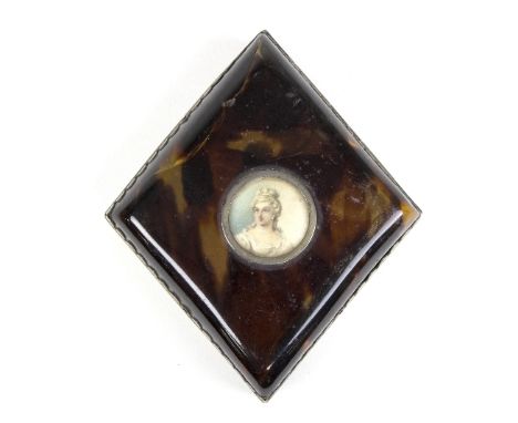 A Victorian silver and faux tortoiseshell box, Birmingham 1892, of lozenge shape, the cover inset a circular portrait miniatu