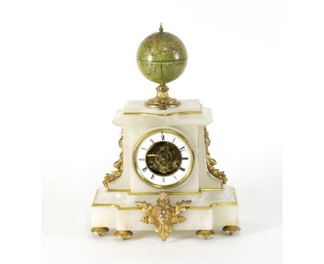 A late 19th Century onyx eight-day mantel clock with globe over showing global time, the enamel chapter ring with open escape