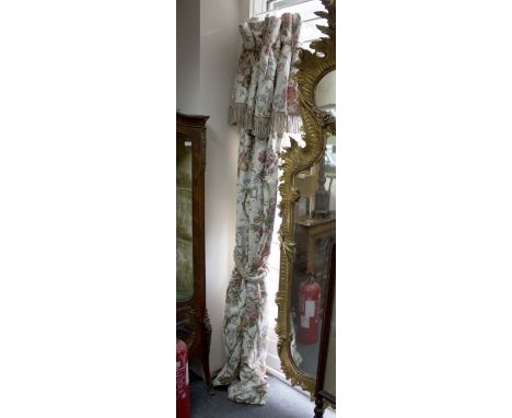 four pairs of floral curtains, with corded tie backs, various sizes and largest drop 96"