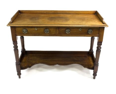 A Victorian mahogany two-drawer washstand with three-quarter guard rail, single under shelf, 106cm wide