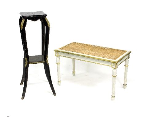 An ebonised and gilt metal mounted two-tier jardinière stand, 88cm high and a French painted stool with cane seat