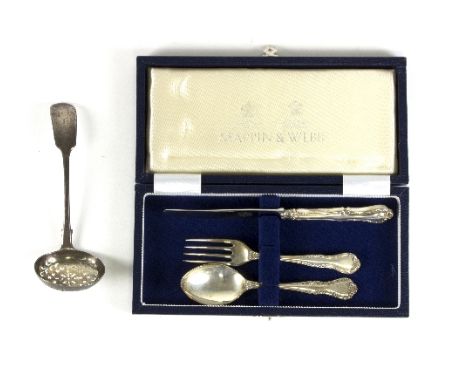 A Mappin and Webb silver Christening set of knife, fork and spoon, boxed and a silver sugar sifter