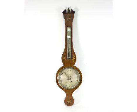 A mahogany cased wheel barometer with broken pediment, inlaid with floral motifs and conch shells, dial marked for Pedralio, 