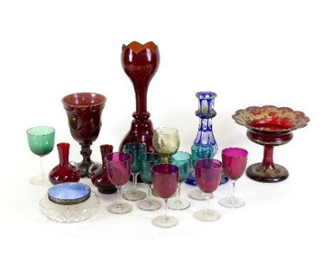 Two ruby glass tazzas and a blue and clear glass candlestick and other coloured glass