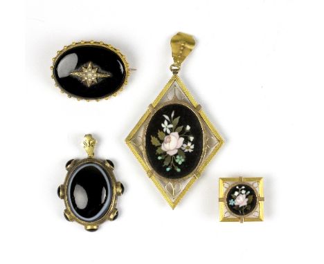 A banded agate oval pendant, with woven hair panel to reverse, a locket, a swivel seal, a pietra dura pendant and matching bu