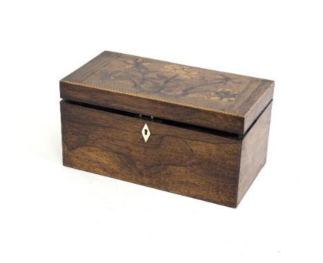 A 19th Century rosewood tea caddy, the floral inlaid cover enclosing an interior with two canisters and an aperture for a mix