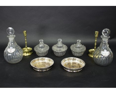 A pair of triple ring neck glass decanters with enamel Staffordshire decanter labels, a pair of plated coasters, three glass 