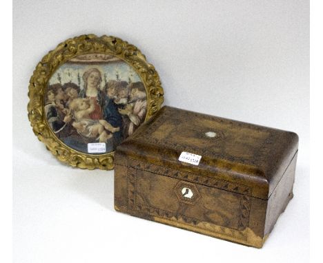 A carved giltwood frame, 30cm diameter containing an Old Master print and a Victorian inlaid box (losses)