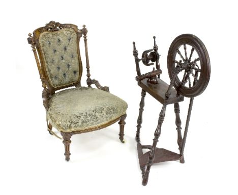 A walnut framed nursing chair, a spinning wheel and a walnut circular piano stool
