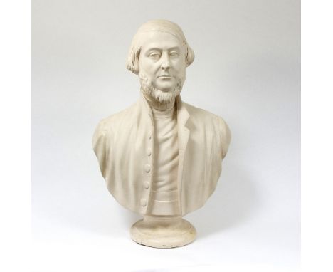 A 19th Century plaster bust of Lord Arthur Hervey 1802-1894, Bishop of Bath and Wells, bearded, wearing a cravat and buttoned