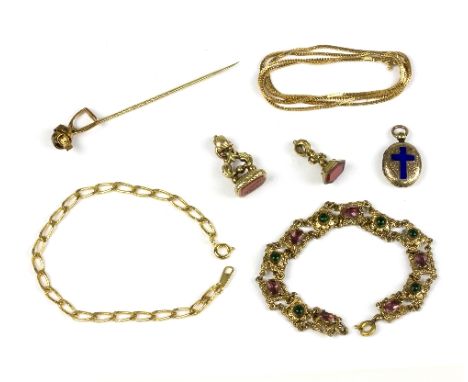 A gilt metal and paste set bracelet, a tie pin with stirrup terminal, a 14ct gold link necklace etc.