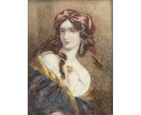 A late 19th Century portrait miniature of Lady Macbeth, holding a dagger, oil on ivory, 10cm x 8cm, in a fine Florentine gilt