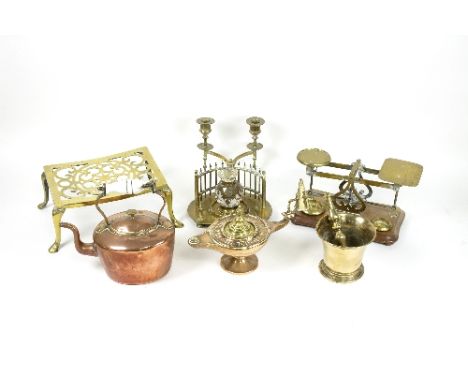A set of brass postal scales and weights and an inkstand pen tray and other brass