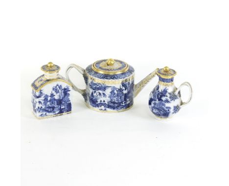 A Chinese export blue and white teapot, cream jug and tea caddy   Condition Report:  Jug with the front half of the neck crac