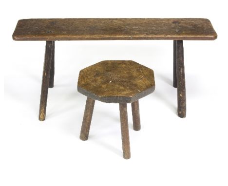 A rustic oak bench, 86cm wide and a small elm stool