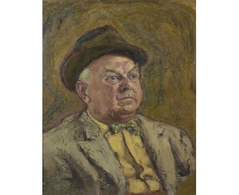 20th Century English School/Portrait of a Gentleman/ in a hat and green bow-tie/oil on canvas, 49.5cm x 39.5cm