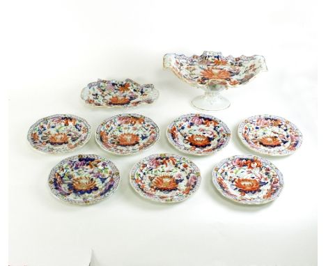 A small quantity of Masons Ironstone   Condition Report:  Of the seven plates, one broken and restored, two noticeably rubbed
